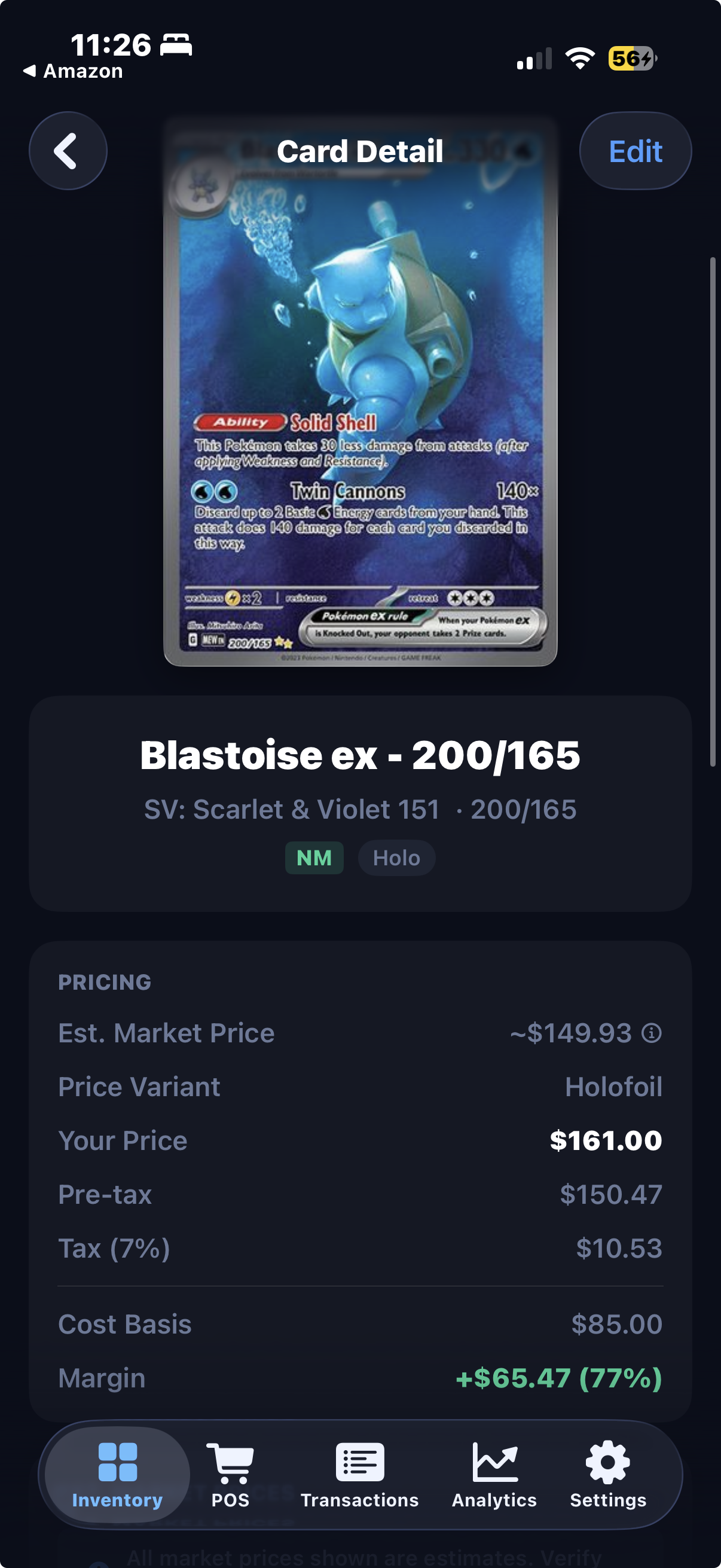 Blastoise ex card detail with pricing, tax, and margin