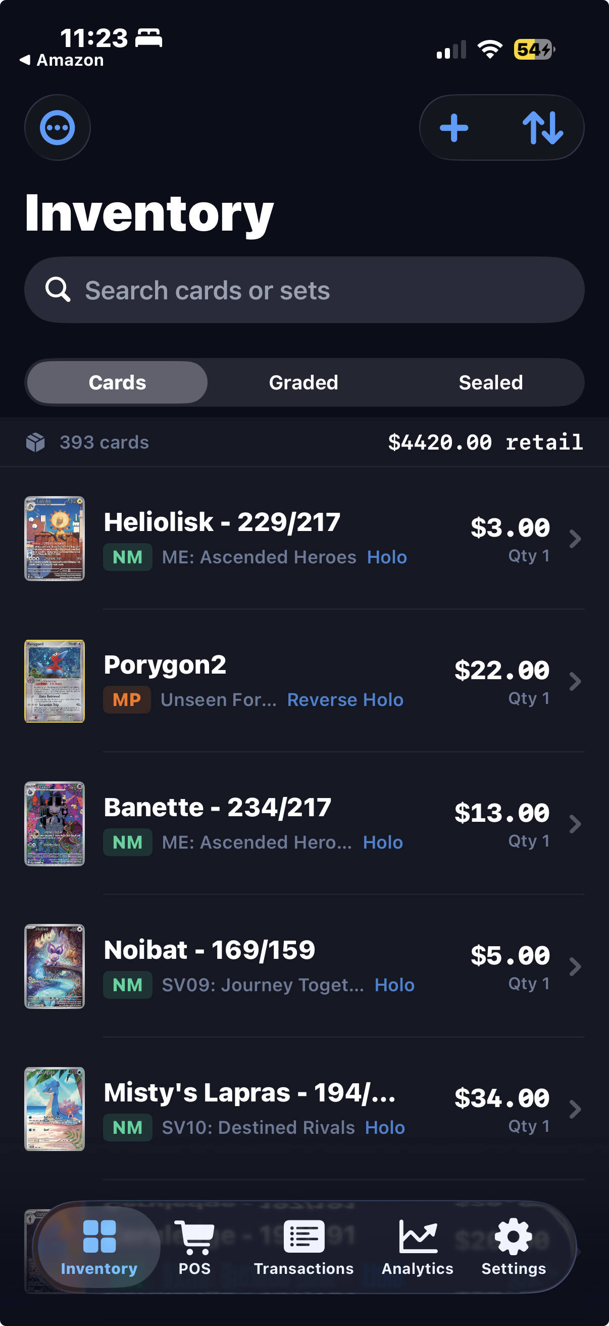 GlassCase inventory screen showing 393 cards with conditions and prices